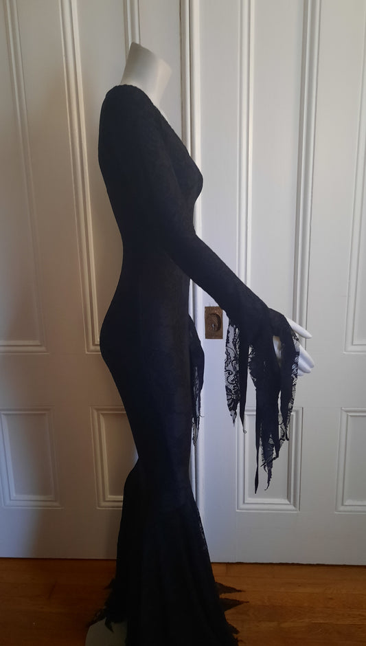 Matte black lace gothic sexy Morticia Addams Inspired Deluxe gown