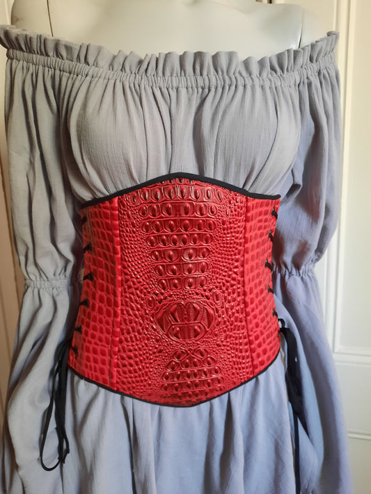 Red Dragonscale underbust corset with side and back lacing