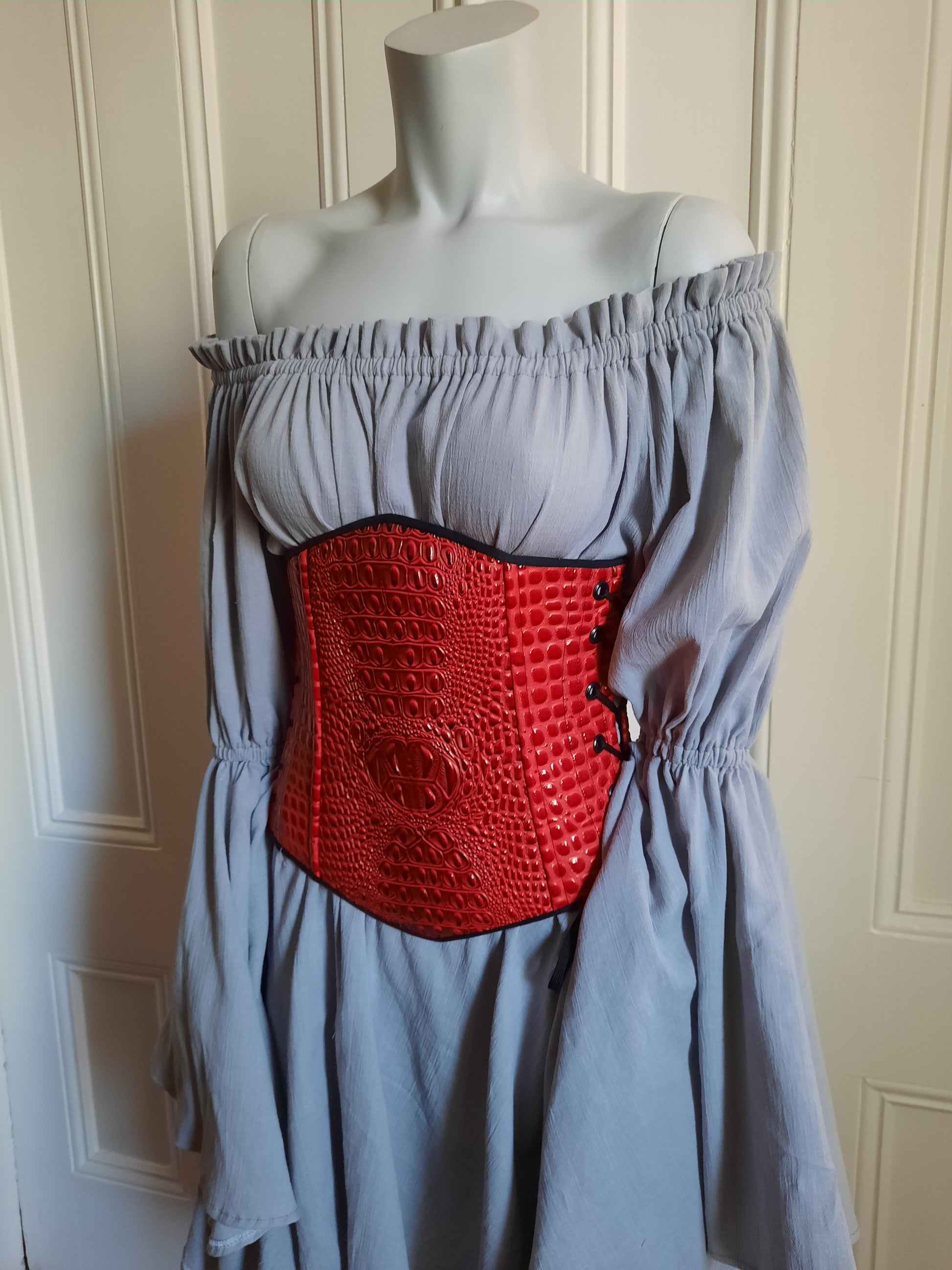 Red Dragonscale underbust corset with side and back lacing