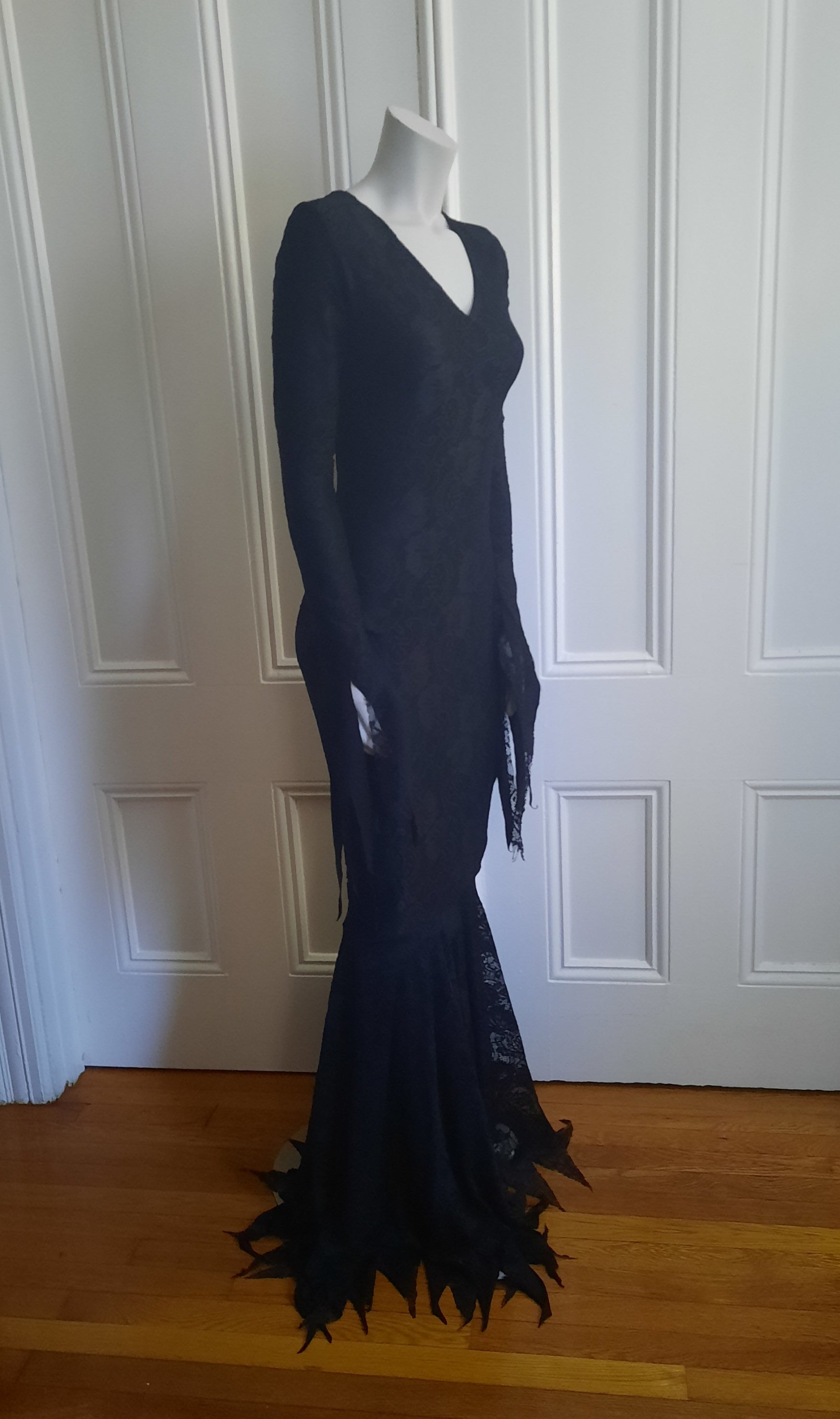 Matte black lace gothic sexy Morticia Addams Inspired Deluxe gown Eclipse Costumes Matte black lace gothic sexy Morticia Addams Inspired Deluxe gown Eclipse Costumes