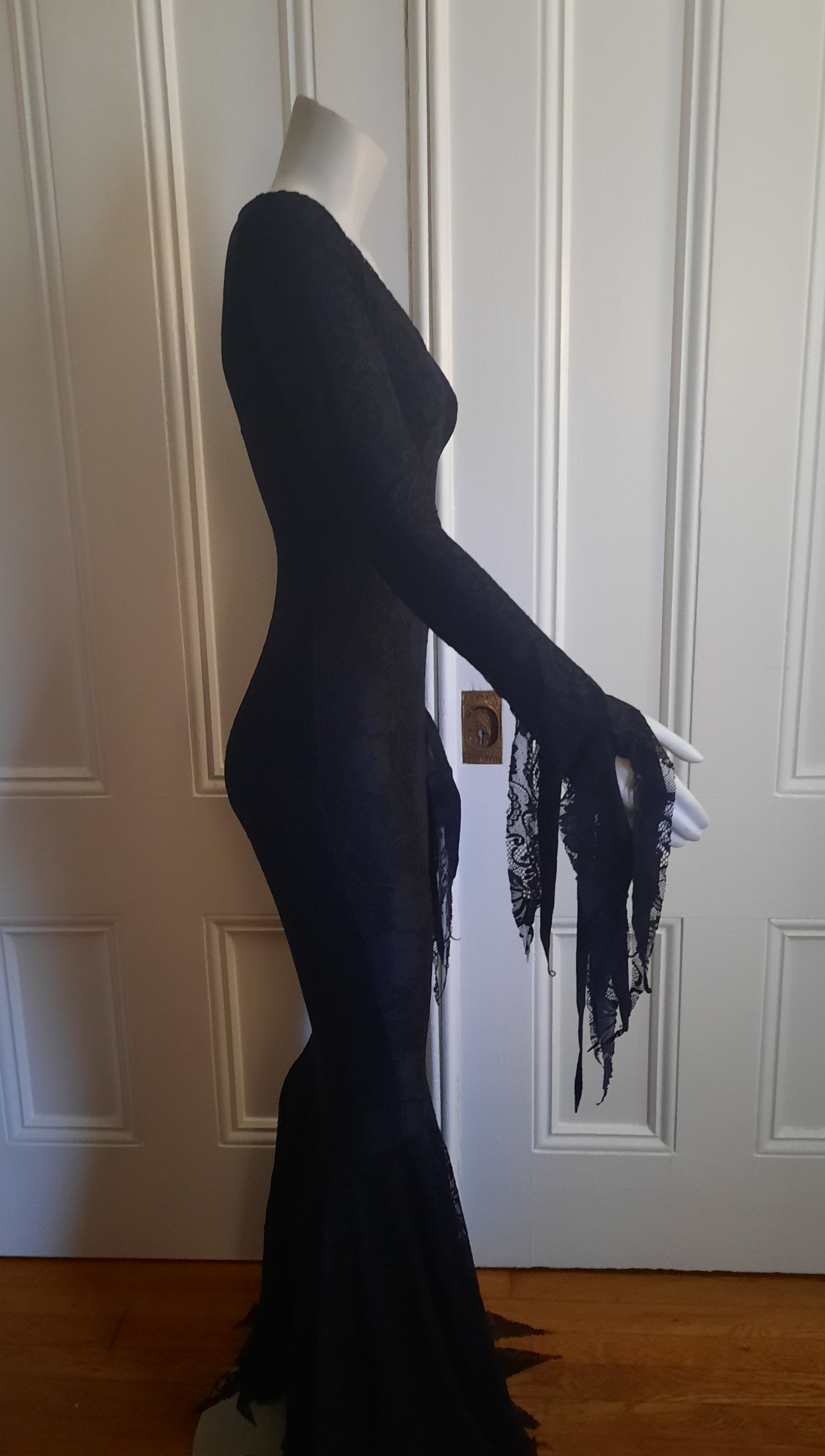 Matte black lace gothic sexy Morticia Addams Inspired Deluxe gown – Eclipse Costumes