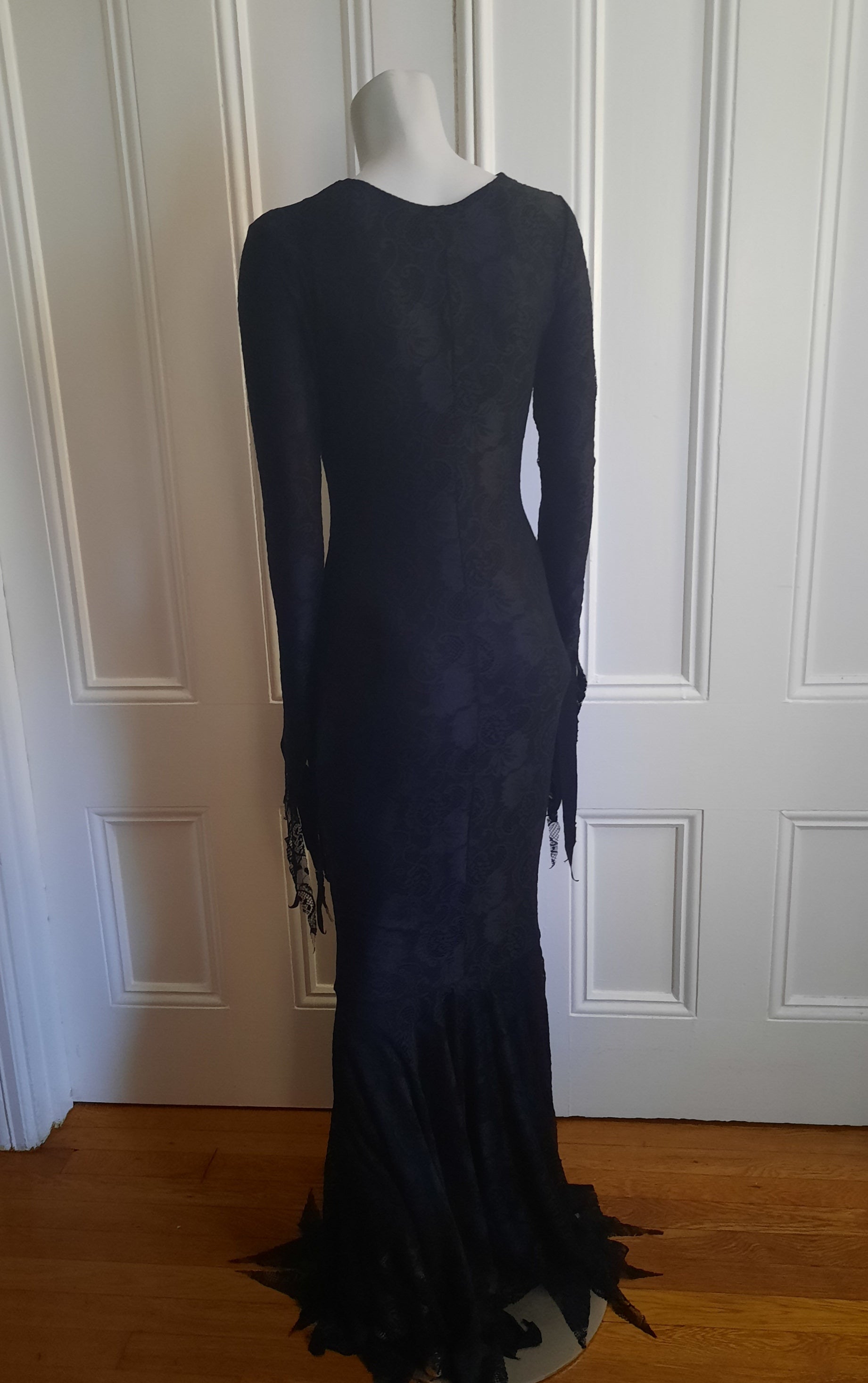 Matte black lace gothic sexy Morticia Addams Inspired Deluxe gown Eclipse Costumes Matte black lace gothic sexy Morticia Addams Inspired Deluxe gown Eclipse Costumes