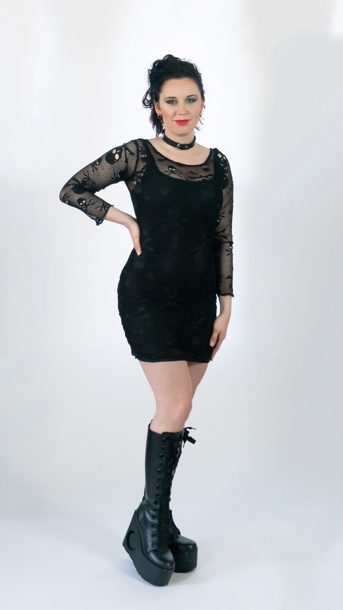 Nightshade Net Long sleeve black skull Fishnet body con mini dress