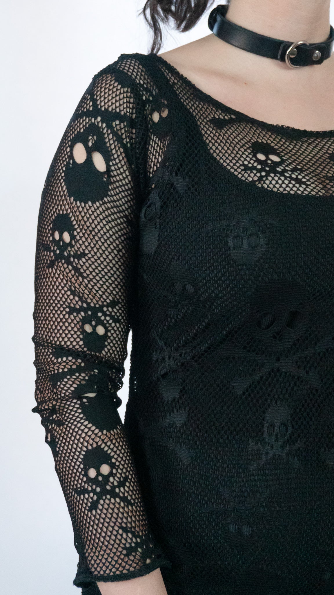 Nightshade Net Long sleeve black skull Fishnet body con mini dress