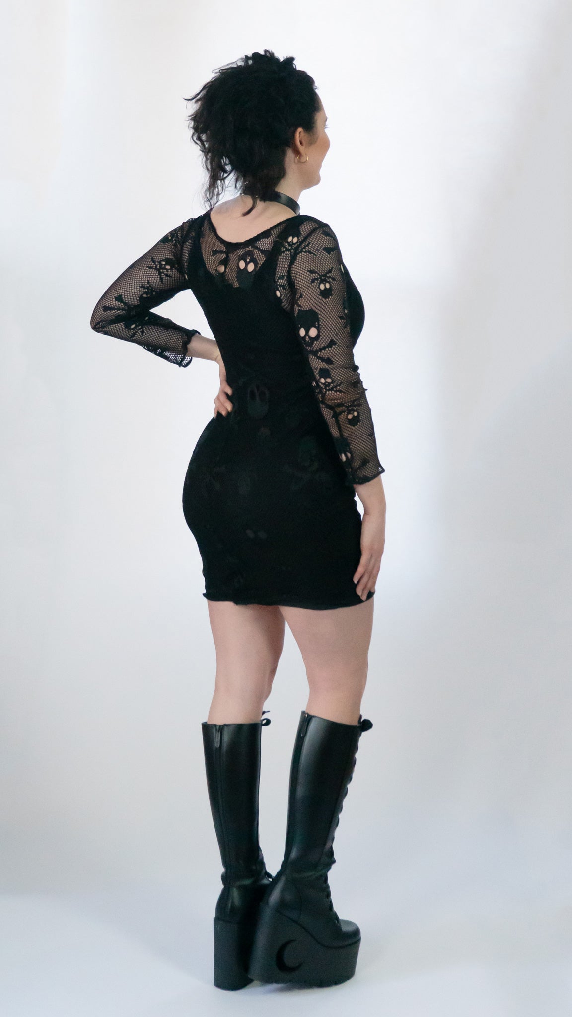 Nightshade Net Long sleeve black skull Fishnet body con mini dress