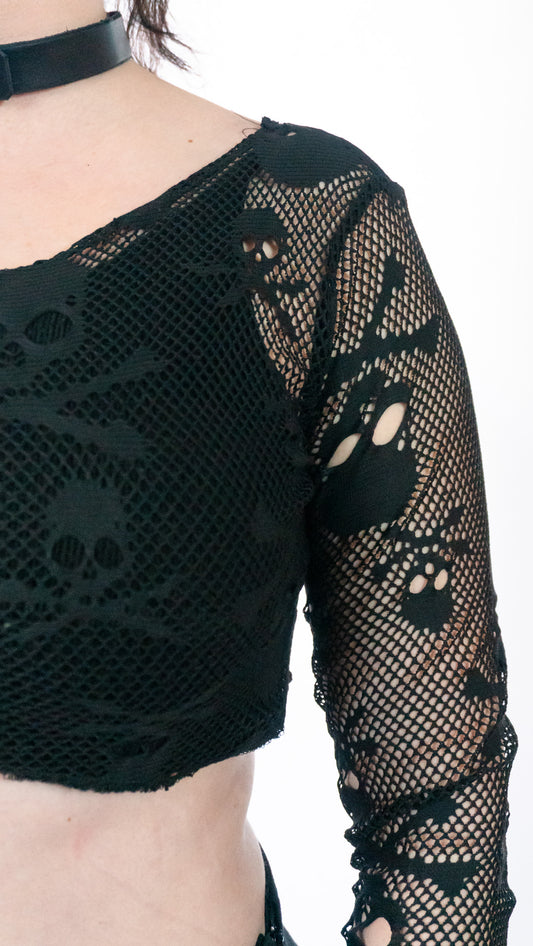 Nightshade Net Long sleeve black skull Fishnet body con crop top