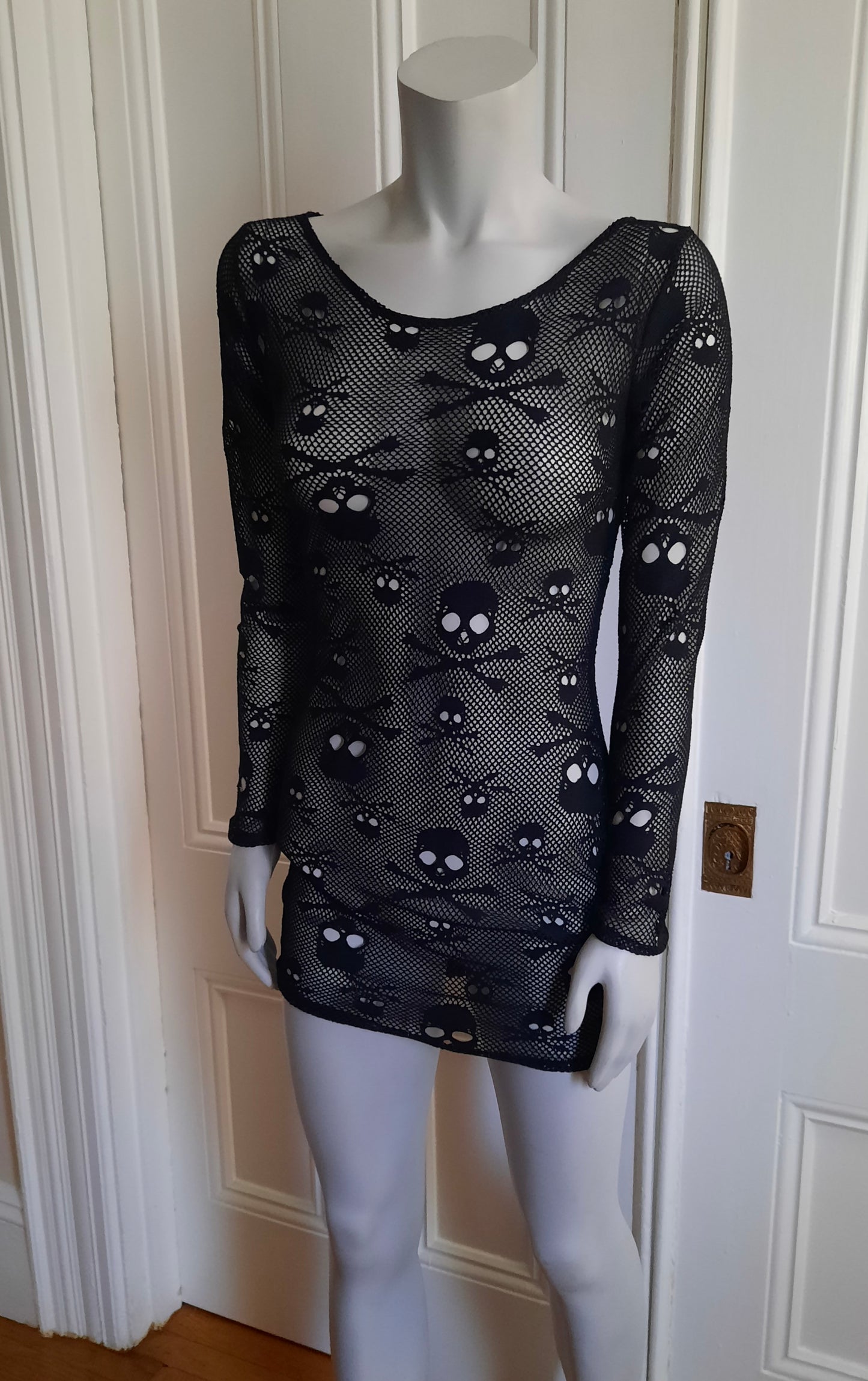 Long sleeve black skull Fishnet body con mini dress