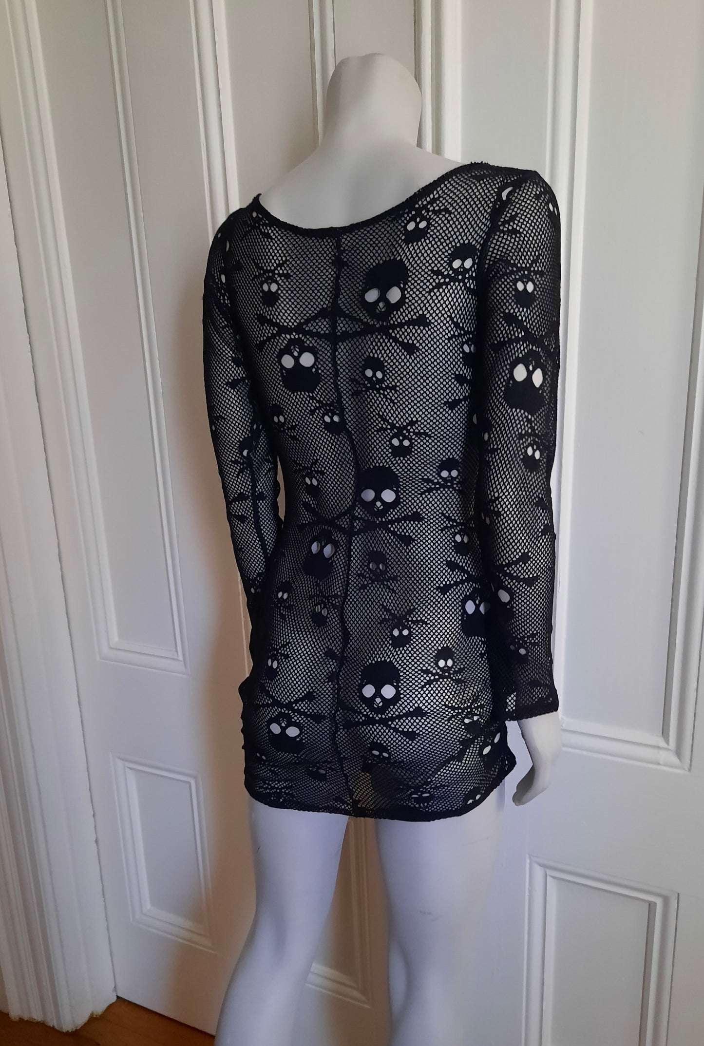 Long sleeve black skull Fishnet body con mini dress