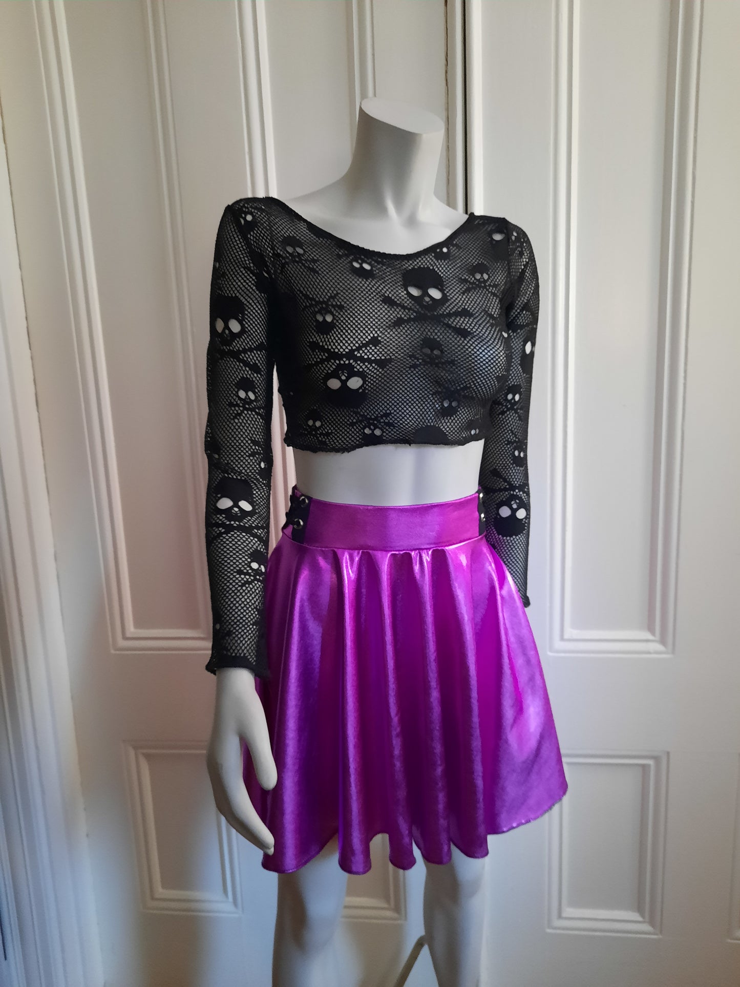 Hot Pink Metallic Circle Mini Skater Skirt with Corset Detail - Y2K Cyber Rave Dance Costume