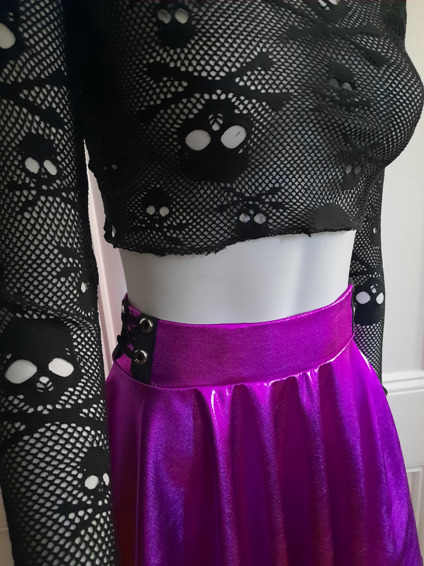 Hot Pink Metallic Circle Mini Skater Skirt with Corset Detail - Y2K Cyber Rave Dance Costume