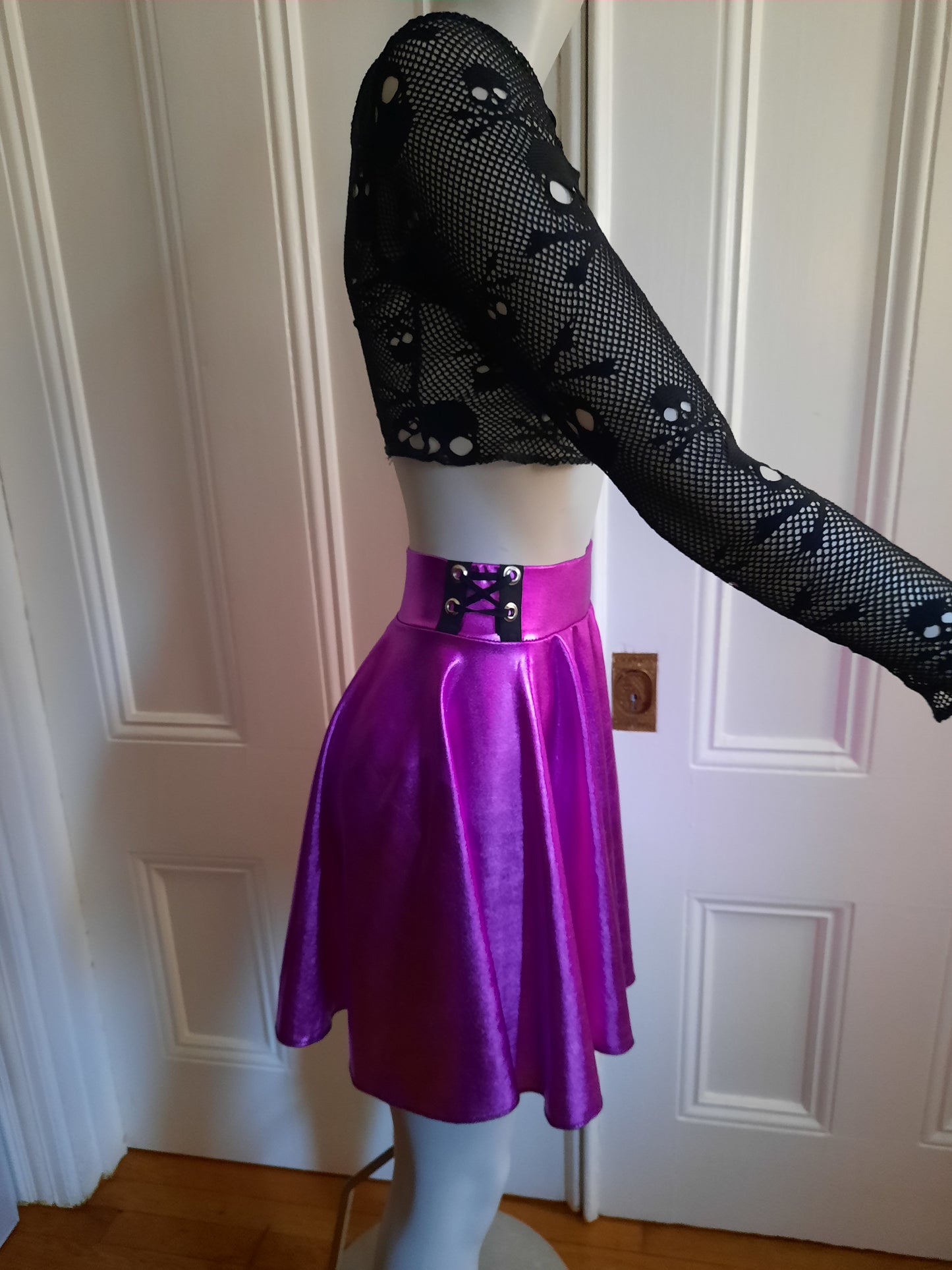 Hot Pink Metallic Circle Mini Skater Skirt with Corset Detail - Y2K Cyber Rave Dance Costume