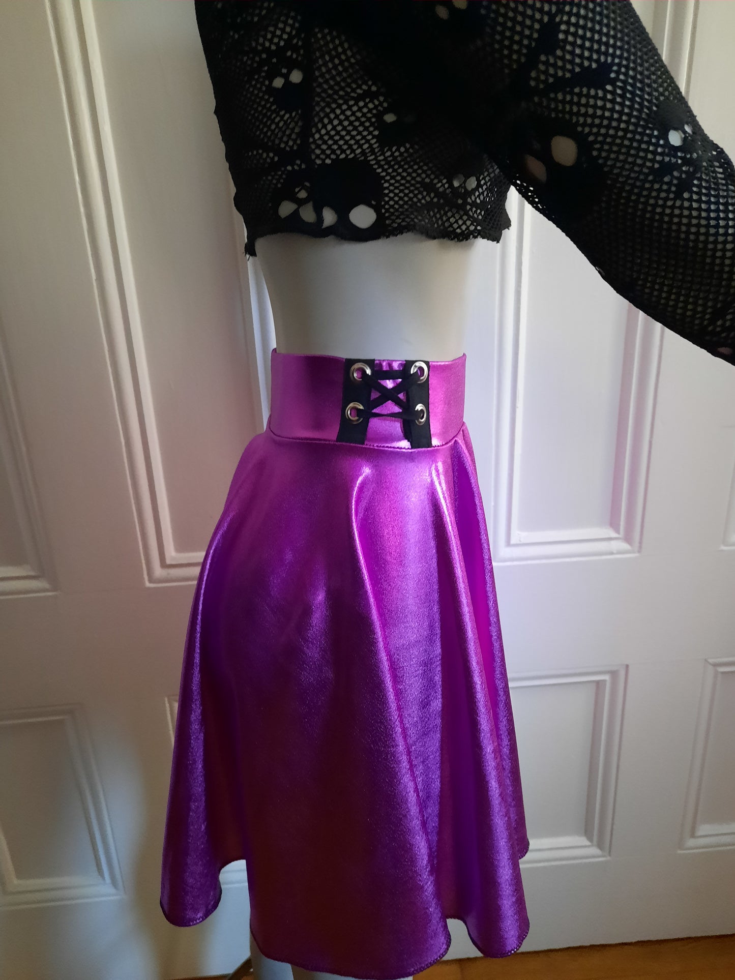 Hot Pink Metallic Circle Mini Skater Skirt with Corset Detail - Y2K Cyber Rave Dance Costume