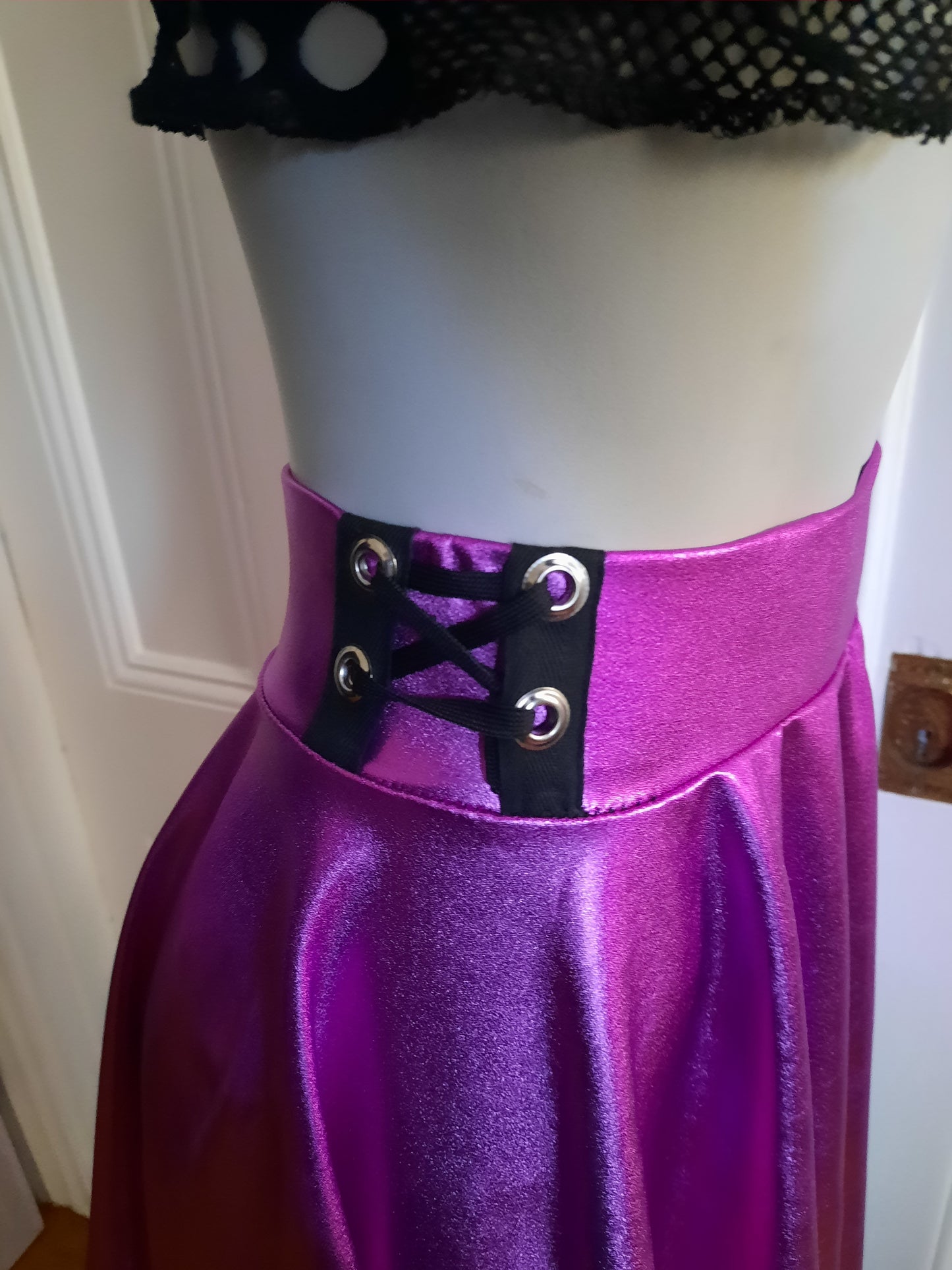 Hot Pink Metallic Circle Mini Skater Skirt with Corset Detail - Y2K Cyber Rave Dance Costume