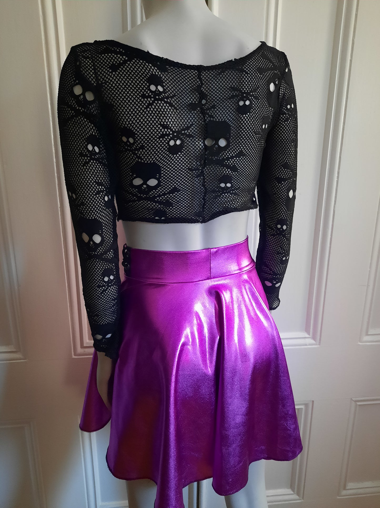 Hot Pink Metallic Circle Mini Skater Skirt with Corset Detail - Y2K Cyber Rave Dance Costume