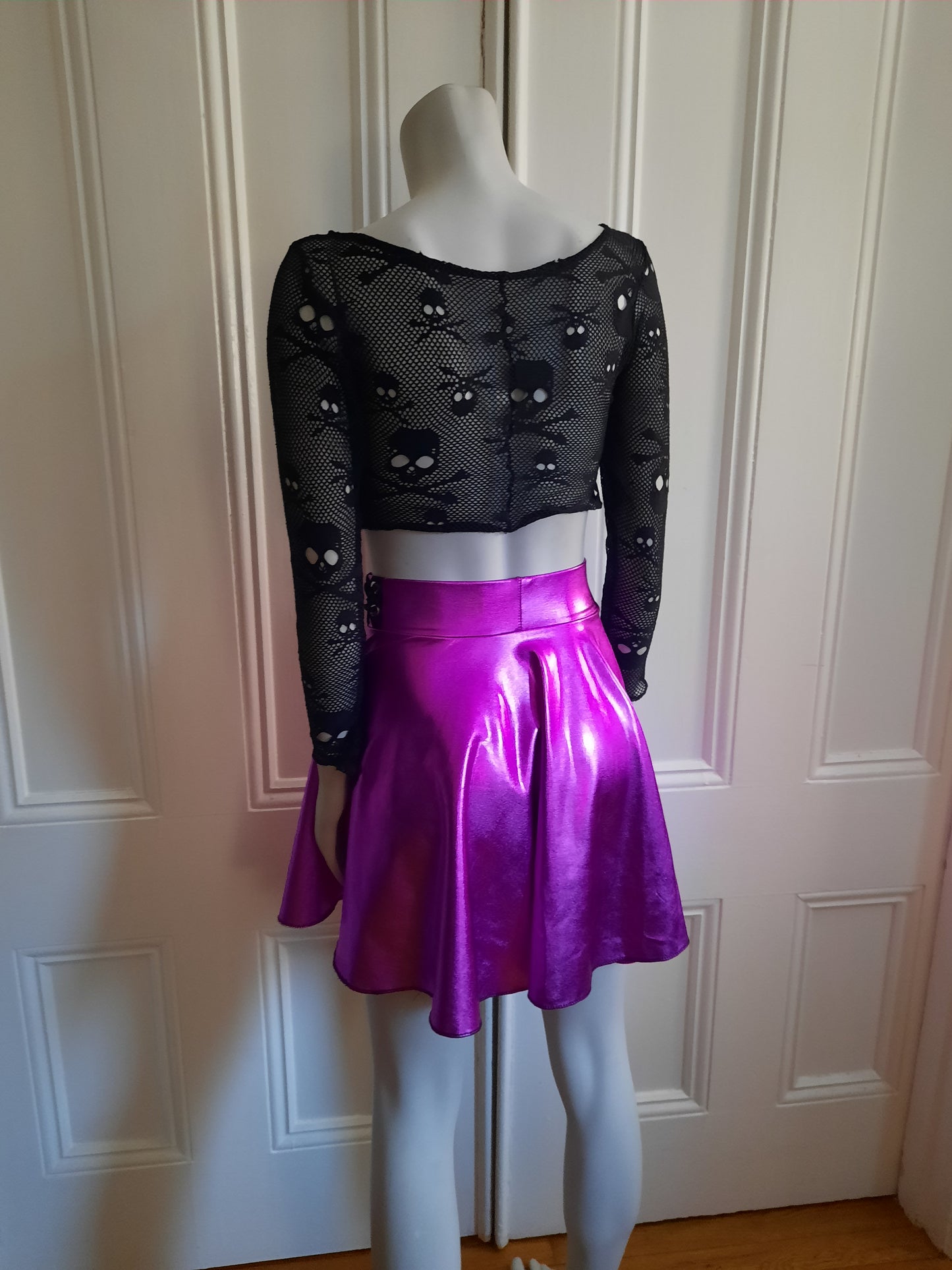 Hot Pink Metallic Circle Mini Skater Skirt with Corset Detail - Y2K Cyber Rave Dance Costume