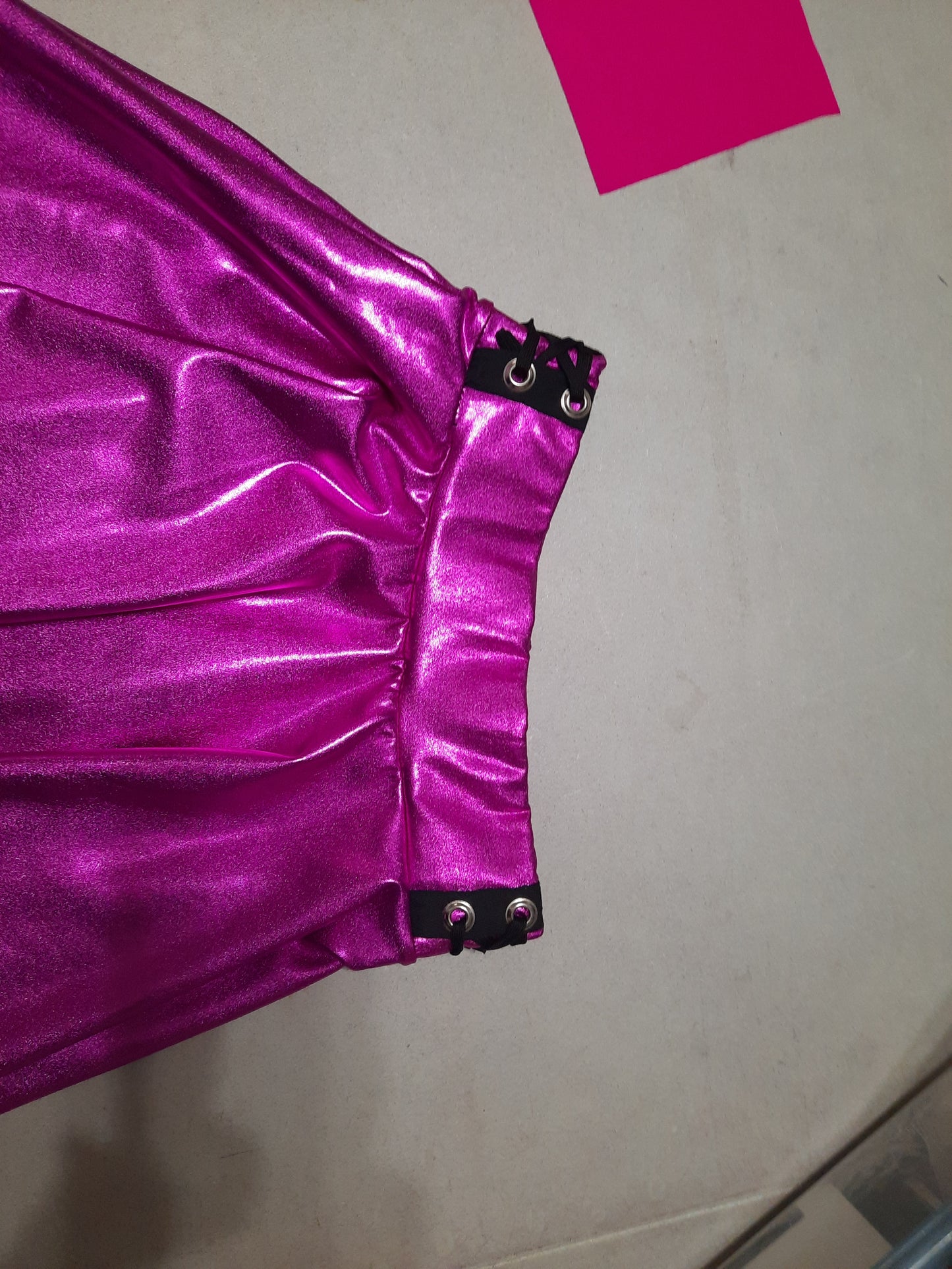 Hot Pink Metallic Circle Mini Skater Skirt with Corset Detail - Y2K Cyber Rave Dance Costume