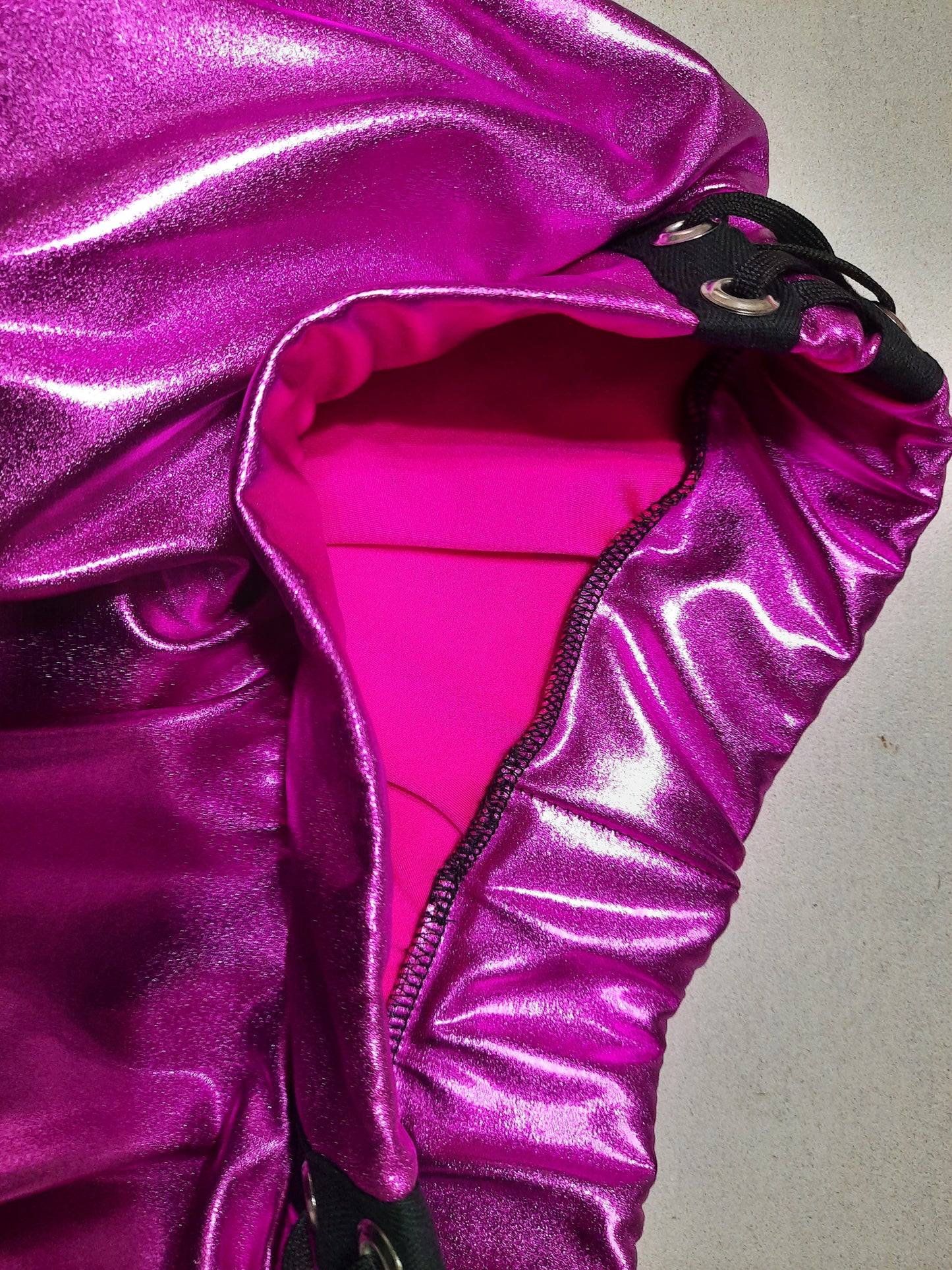 Hot Pink Metallic Circle Mini Skater Skirt with Corset Detail - Y2K Cyber Rave Dance Costume